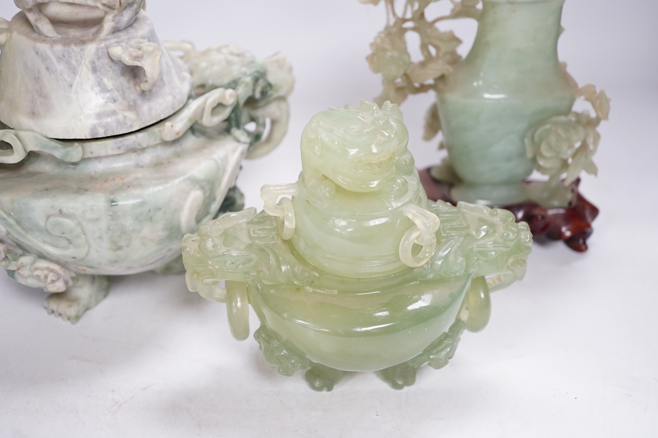 Five large Chinese hardstone and soapstone covered vases and censers and other carvings, largest 32cm. Condition - fair to good